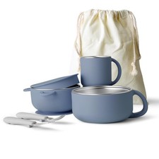 Kids Dinnerware Set Toddler Plates Suction Bowls Utensils Cup Navy 6 PCS