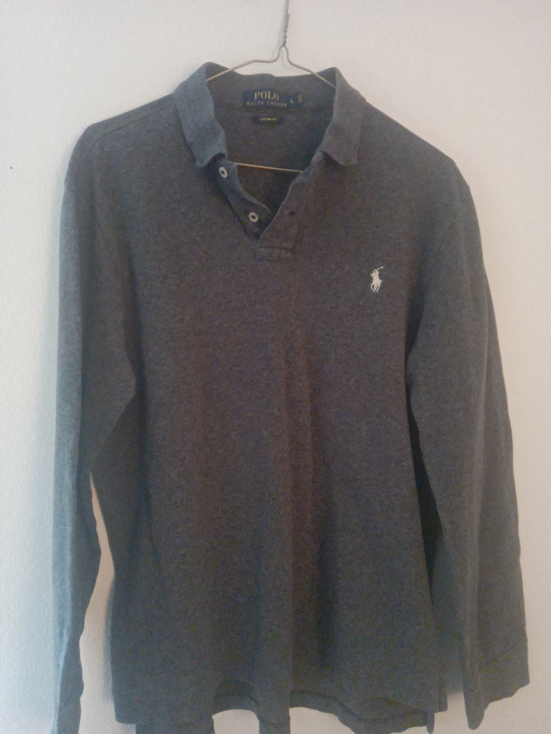 PONY Polo Ralph Lauren manica lunga personalizzata vestibilità L camicia grigia con frangia bianca