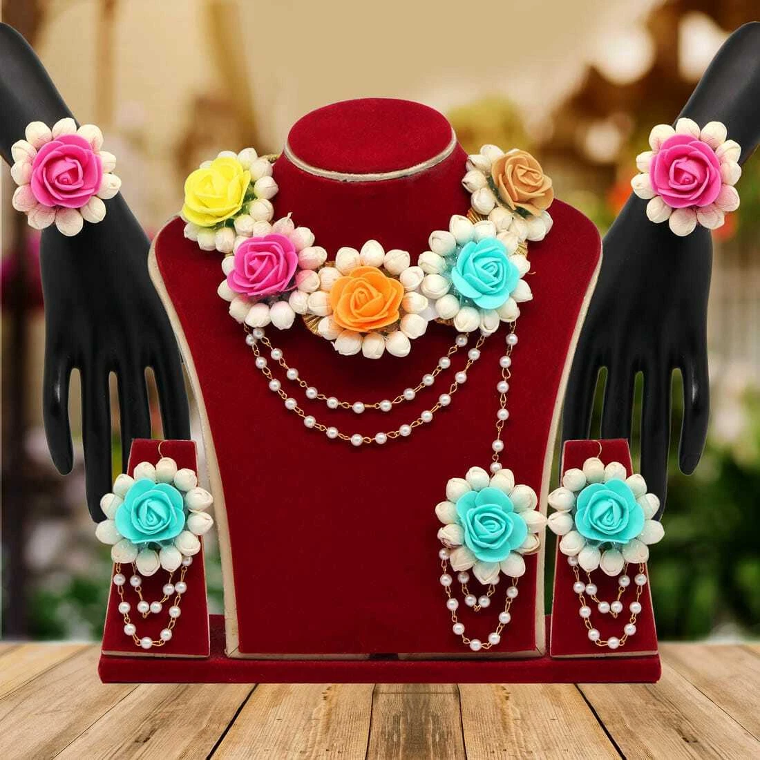Artificial Floral Haldi Jewellery Necklace Set Asian Indian Wedding