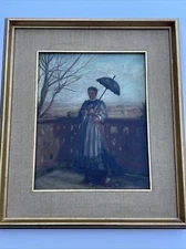 Antique Painting Pretty Woman Female Model Landscape Listed Parasol Umbrella