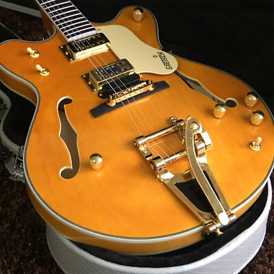 Custom Shop Electric Guitar: Gretsch Yellow Hollow Body Gold Bigsby Bridge
