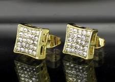 Mens Iced CZ Earrings 9mm Studs Push Back 14k Gold Plated Hip Hop Jewelry