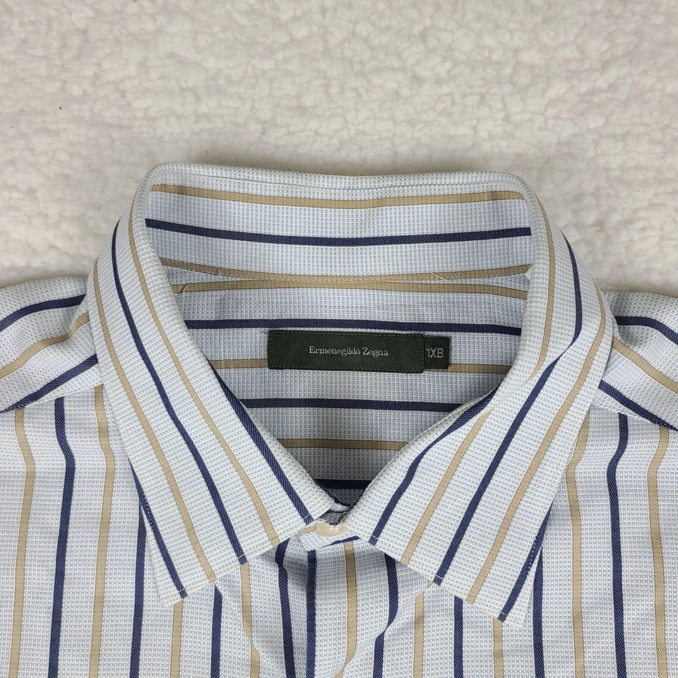 Camisa Ermenegildo Zegna Para Hombres 1XB XL GRANDE Azul Marrón Rayas Vestido Abotonado Foto 4 de 4