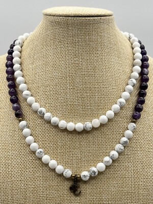 Howlite Gem Stretch Necklace With White And Purple Beads With Bronze Om Pendant