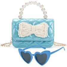 Bow Girls Purse for Toddler Blue Kids Crossbody Purses Beaded handle Mini Sho...