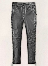Mens Vinatge Real Leather Lace Up Pants Distressed Black Biker Trousers W/28-W38