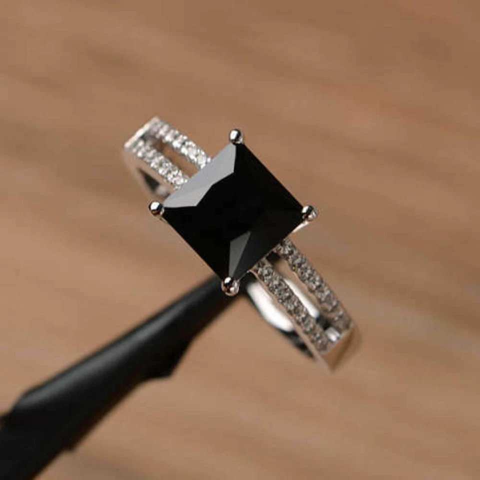 2.70 Ct Princess Black Diamond Engagement Ring 14K White Gold Plated Simulated - Image 2 of 4