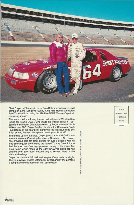 Elmo Langley Clark Dwyer 1985 Sunny King Ford Thunderbird Postcards Set of Two