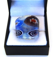 Bohemian Blue abstract Floral theme Hand Blown Glass Bling Ring sz 9.75