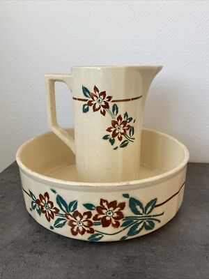 ancien set toilette broc cuvette ceramique saint amand adolphe fleur deco retro
