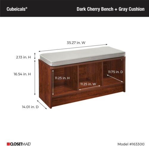Compact Dark Cherry Storage Bench with Gray Cushion - 3 Cubes for Organization - Picture 5 of 12