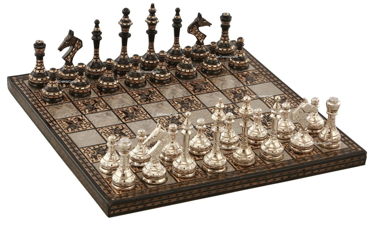 Soviet Inspired Brass Metal Luxury Chess Pieces & Board Set- 14