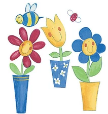 Silly Flower Pots Daisies Flowers n Bugs Bumble Bees  25 Wallies Decals Stickers