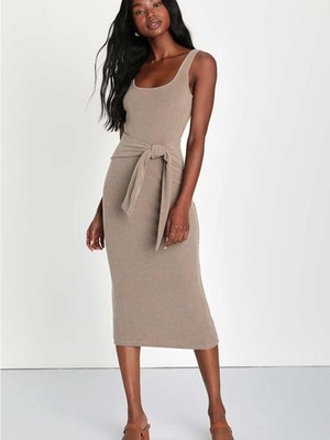 NWT Lulus Optimistic Essence Taupe Ribbed Knit Tie-Front Midi Dress Size Small