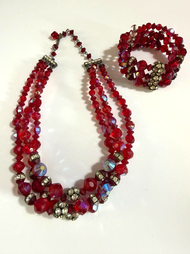Vintage Mid-Century Choker Bracelet Set Fiery Ruby Red Crystal Rhinestone Formal