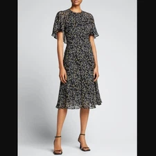 Rickie Freeman Teri Jon Floral Ruffle Cape Sleeve Sheer Midi Dress Size 18 Blue