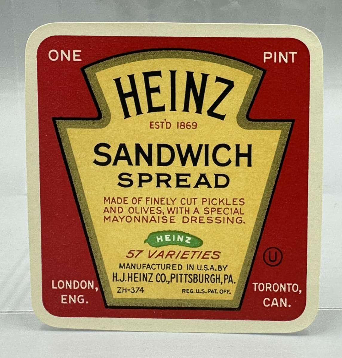 1938 HEINZ Pickle SANDWICH SPREAD Relish Advertising Pint Label Vintage Original