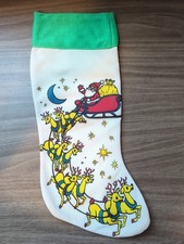 Vintage Christmas Stocking Santa Sleigh Reindeer Retro Print Green Cuff 17"