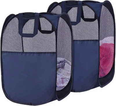 Faltbarer Wäschekorb Klappbar 36x36x56cm Mesh Aufbewahrungskorb Navy Blau - Bild 1 von 4