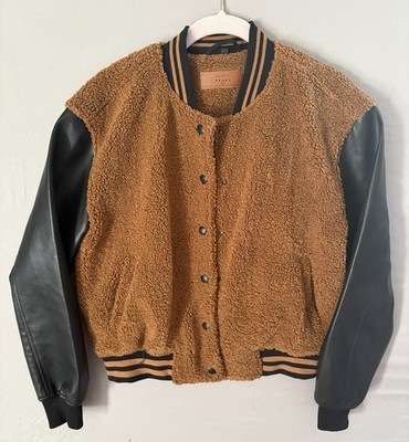 Blank NYC Sherpa Varsity Bomber Jacket Buttons XS Brown Black