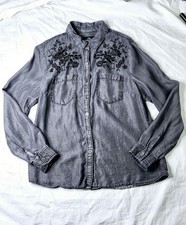 Jordache Embroidered Charcoal Jean Button Down Shirt, Women's Size M
