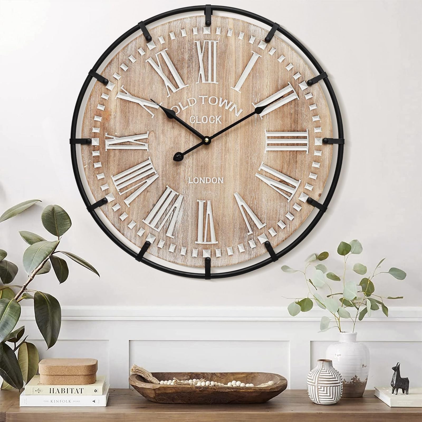 24 Inch Large Farmhouse Wall Clock for Living Room Decor, Vintage Wooden Wall...