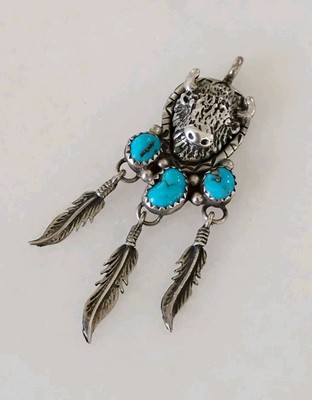 Vintage Native Navajo Sterlingsilber Feder Büffel Anhänger Türkis Anhänger 
