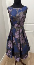 Eliza J Fit & Flare Navy Blue Floral Cocktail Party Dress Pleated Skirt 2 Belt