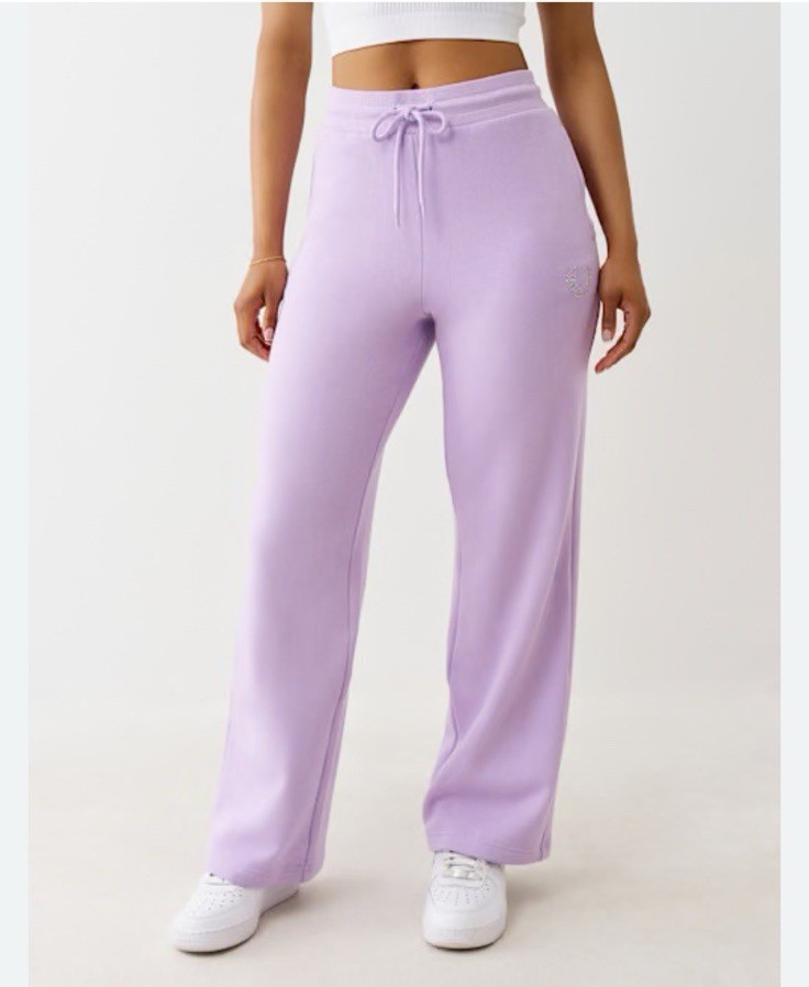 True Religion Crystal Horseshoe Flare Wide Leg Lavender Sweatpants XL NWT