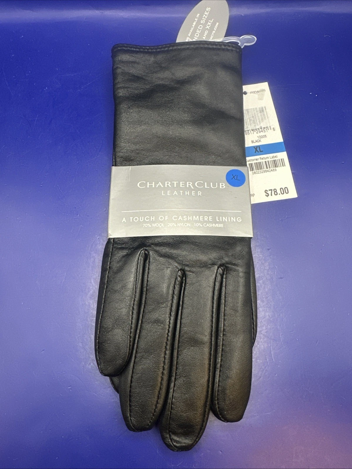 New XL Charter Club Women's Touch of Cashmere Lining Leather Gloves In Black $78