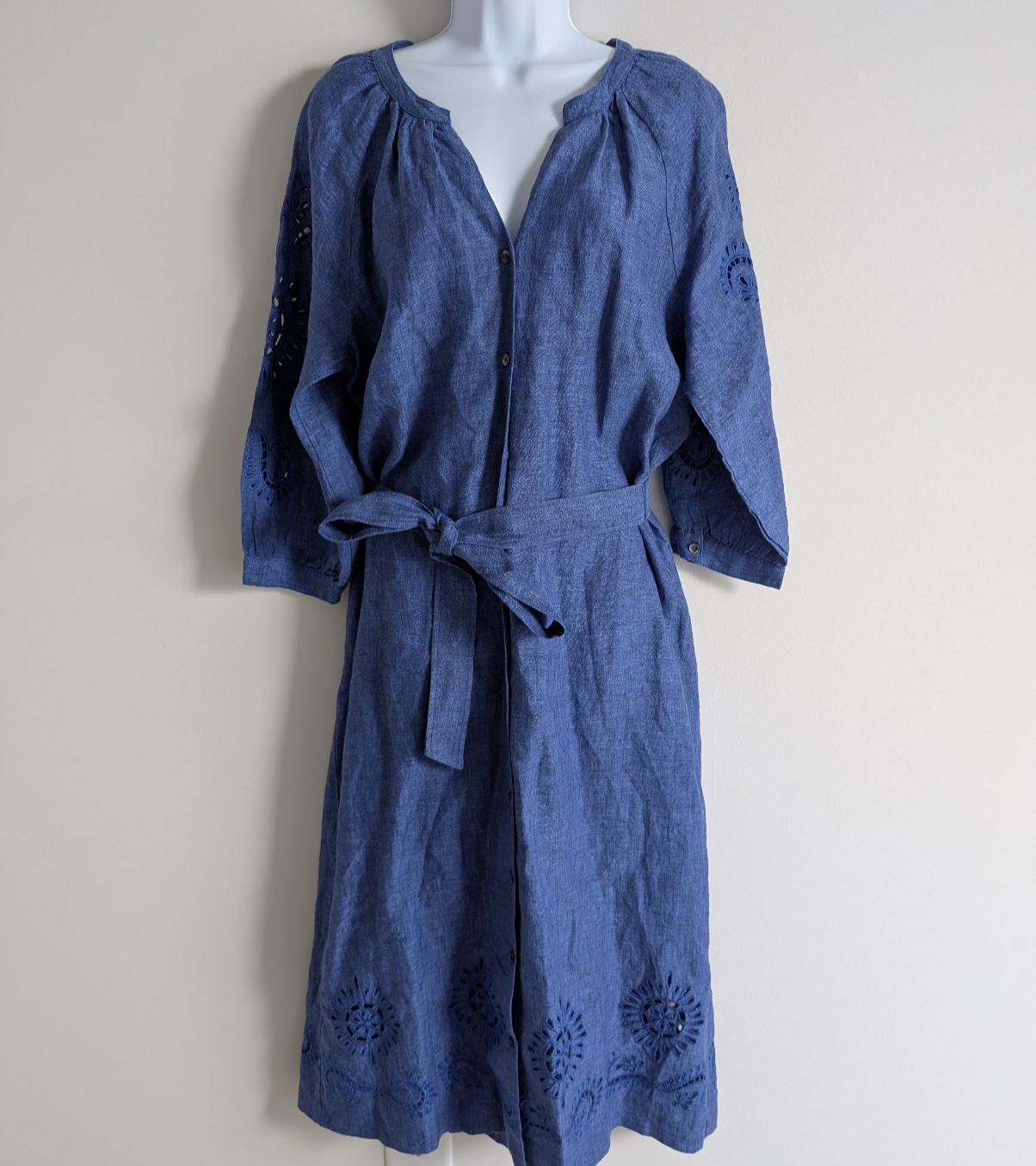 J Mclaughlin Linen Midi Dress Women Large Shirt Coastal Minimal Eyelet Embroider