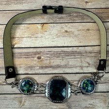 Chicos Womens Black Leather Belt w/ Green Cabochon Faux Gems and Silver Hardware