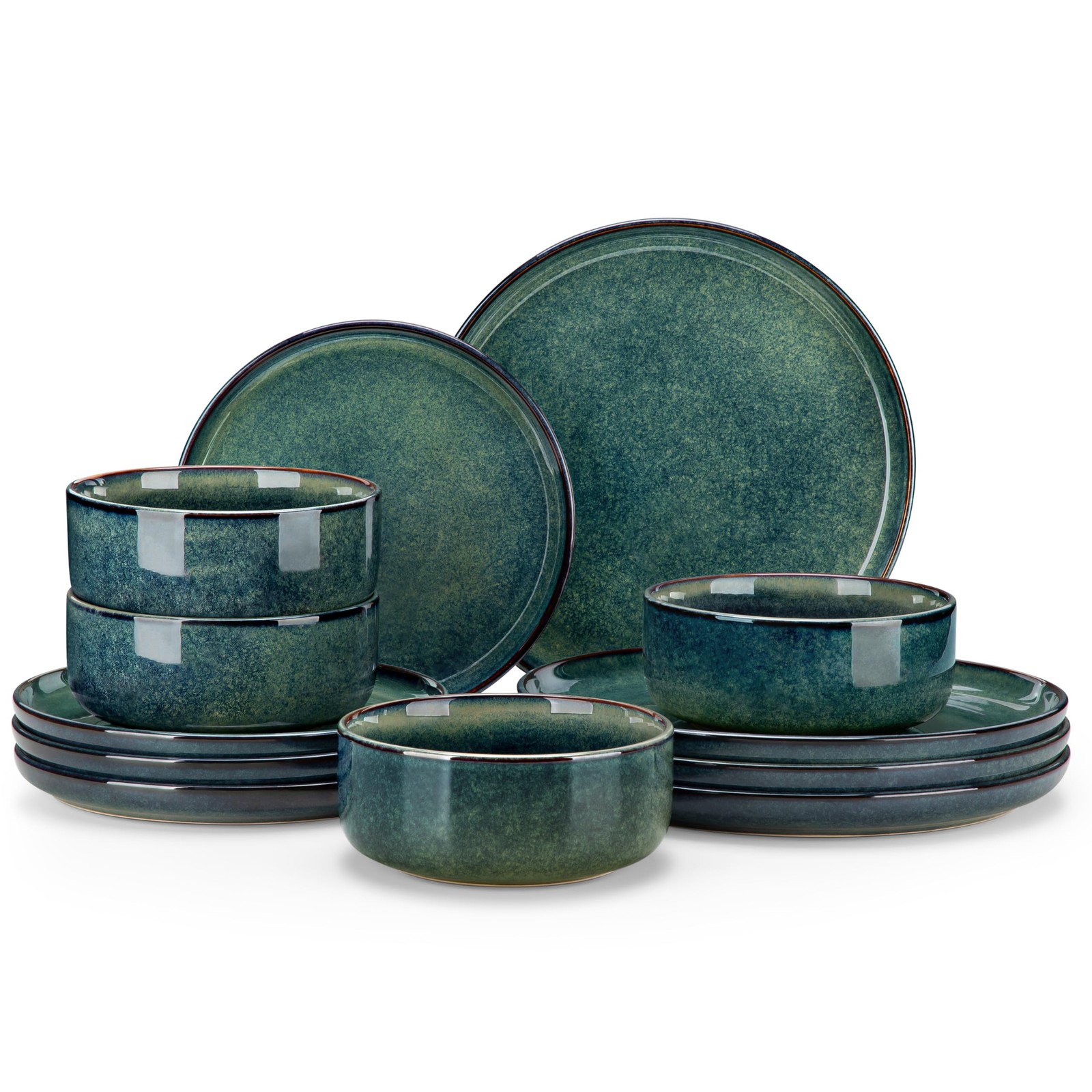 Starry 12 Pieces Dinnerware Sets for 4, Green Reactive Glaze Dishes Sets, Cer...