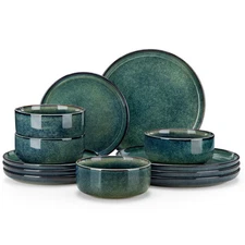 Starry 12 Pieces Dinnerware Sets for 4, Green Reactive Glaze Dishes Sets, Cer...