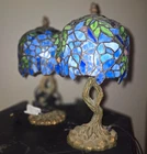 Pair Vintage Tiffany Style Blue/Green Stained Glass Floral Dome Table Lamps
