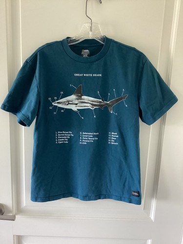 National Geographic TSHIRT Great White Shark Size Small Adult S Teal Blue VGC
