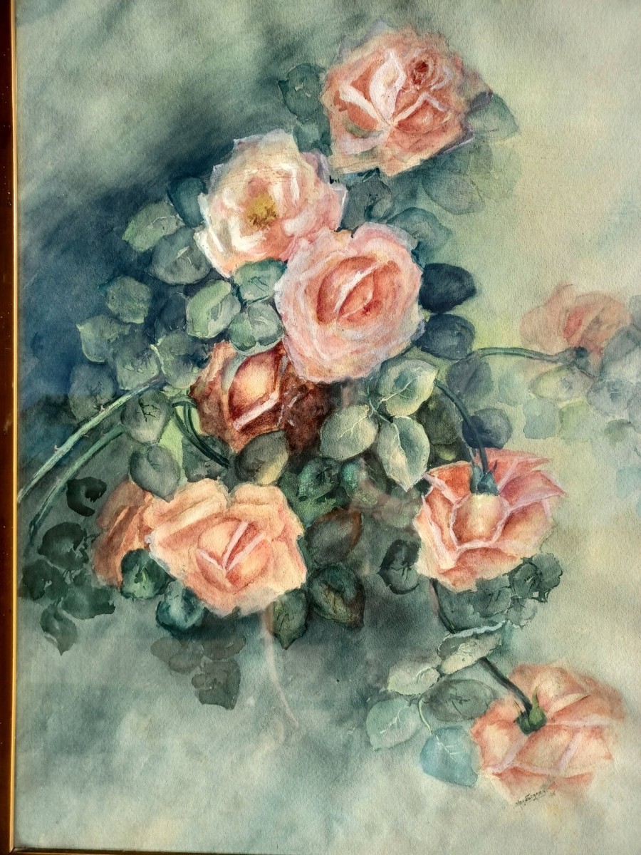 ANTIQUE VICTORIAN ARTIST SIGNED 1908 PINK ROSES FLORAL
