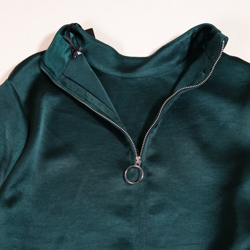 Autograph Blouse Womens Size UK 10 Green Satin Ruffle Sleeve Funnel Neck M&S - Picture 8 of 10