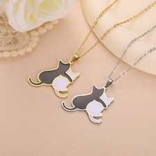 Black Cat White Cat Pendant Necklace Stainless Steel Animal Couple Jewelry Gift