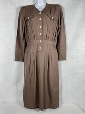 Vintage Valentino Miss V Dress Womens 44/10 Brown Long Sleeve Button Front Wool