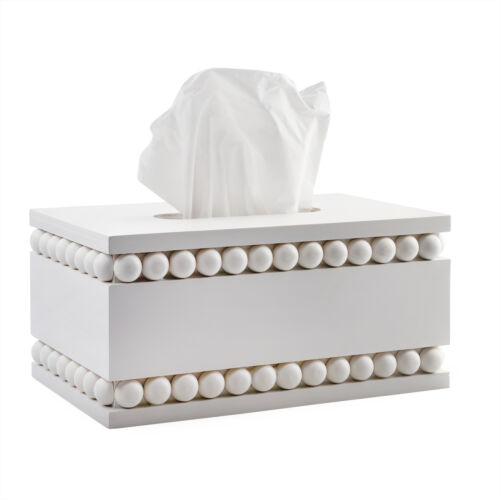 Beaded Tissue Box Cover, Rectangular White; Rustic Farmhouse Wood Tissue Holder - Afbeelding 1 van 10