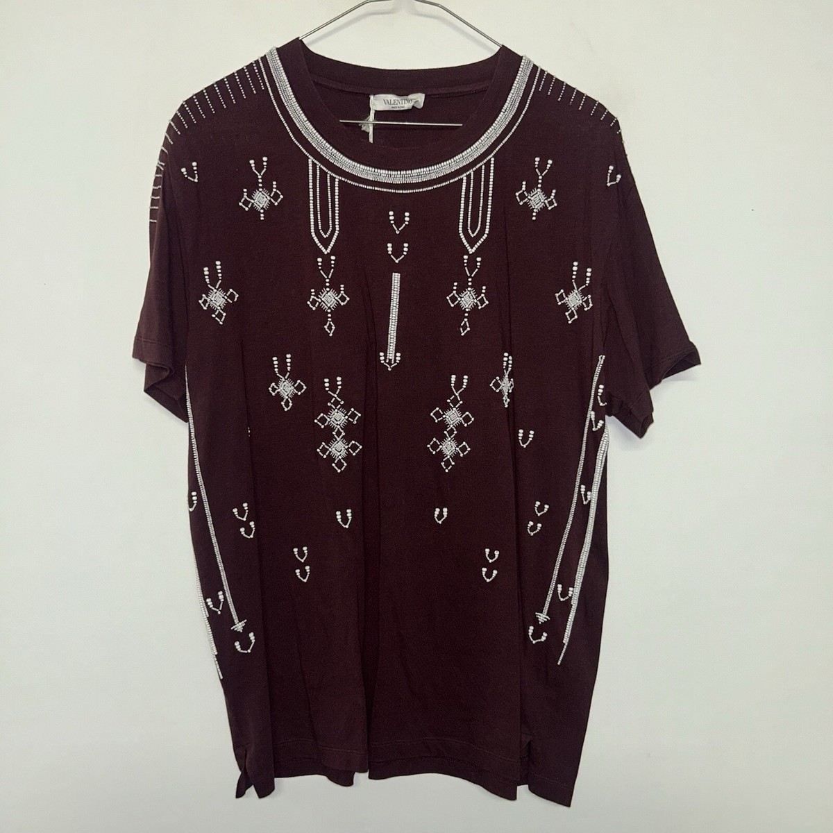 新品　red valentino 定価¥4万2000円　半袖和フリル　黒 Mens Hand Beaded Valentino Designer T-shirt, Maroon, NWT, Size Med