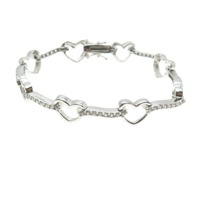 RII 925 Sterling Silver Round-Cut C Z Heart & Wavy Bar Link