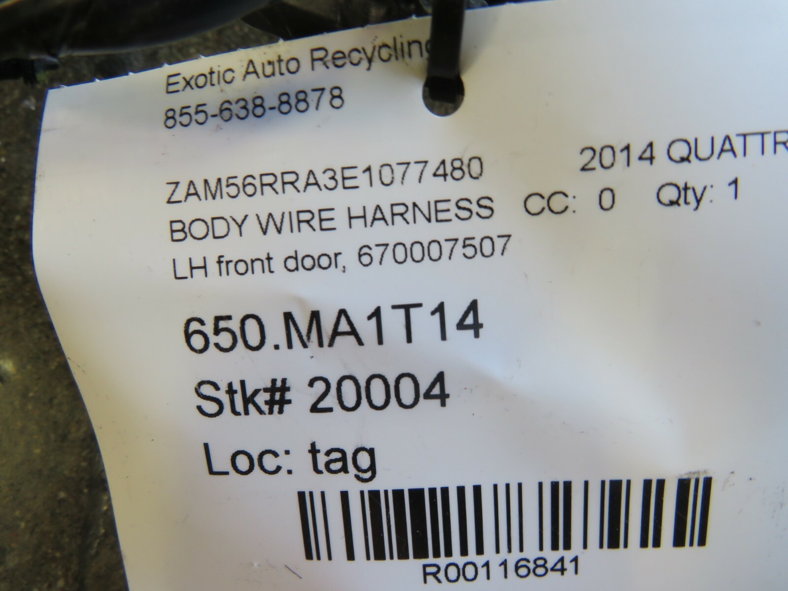 2014 Maserati Quattroporte, LH, Left Front Door Wire Harness, Used, P/N 67000750