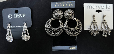 3 NEW Pairs Marvella by Monet, Express, RSVP, Rhinestone, Silver Tone Earrings