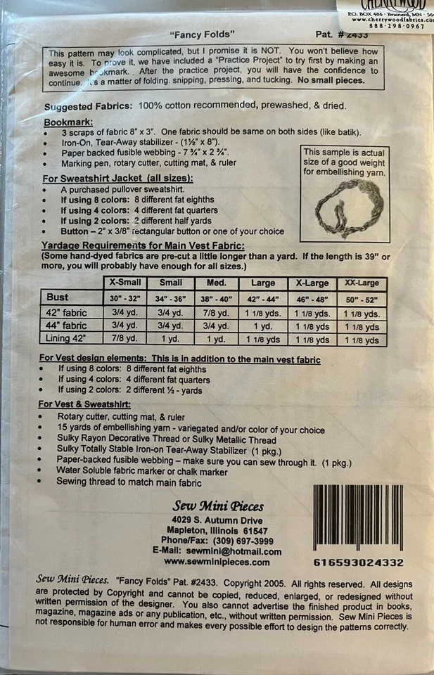 Sew Mini Pieces Pattern 2433 Vest Jacket Bookmark EASY Technique NEW UNCUT - Image 2 of 2