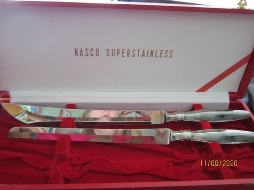 Vintage NASCO SUPERSTAINLESS SET 2 carving KNIVES in 16x6" red Wood Box Japan - Picture 2 of 4
