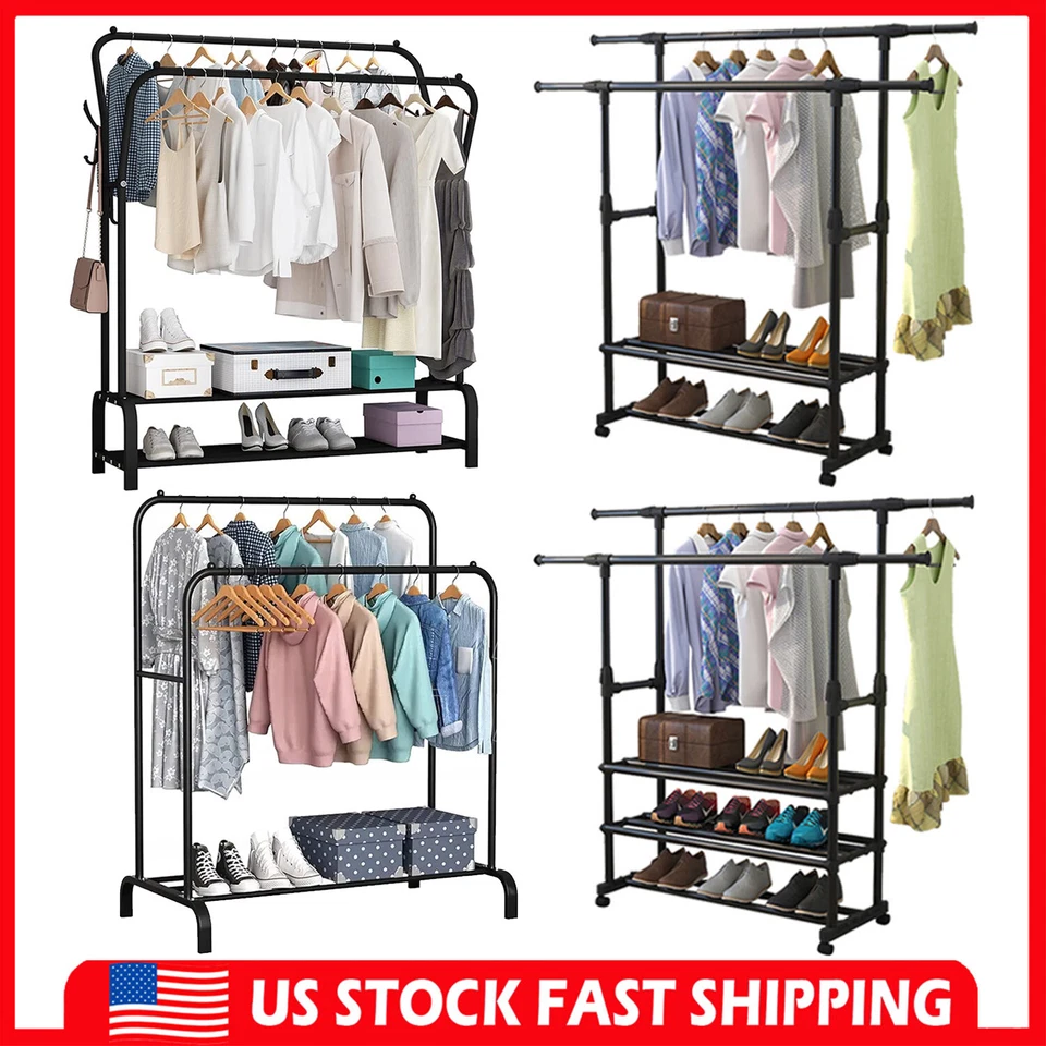 Estante de ropa de alta resistencia organizador de ropa enrollable rieles dobles colgantes Foto 3 de 4