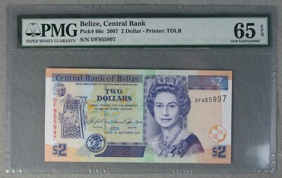 2007 Central Bank Of Belize $2 Two Dollar QE II P-66c PMG 65 EPQ