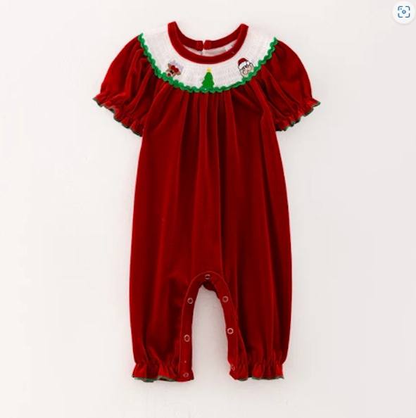NEW Boutique Christmas Santa Smocked Baby Girls Velvet Romper
